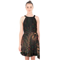 Multicolor Fractals Digital Art Design Halter Collar Waist Tie Chiffon Dress