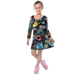 Music Pattern Kids  Long Sleeve Velvet Dress