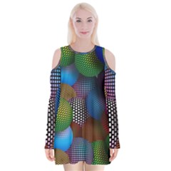Multicolored Patterned Spheres 3d Velvet Long Sleeve Shoulder Cutout Dress