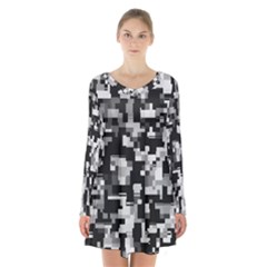 Noise Texture Graphics Generated Long Sleeve Velvet V-neck Dress