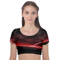 Outer Space Red Stars Star Velvet Short Sleeve Crop Top 