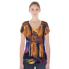 Paris Cityscapes Lights Multicolor France Short Sleeve Front Detail Top