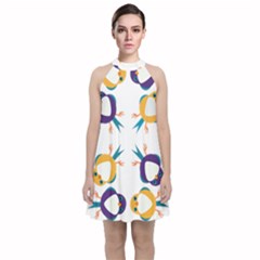 Pattern Circular Birds Velvet Halter Neckline Dress  by Sapixe