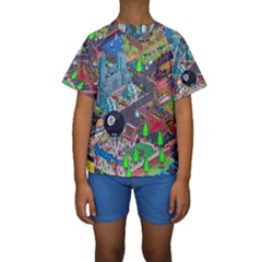 Pixel Art City Kids  Short Sleeve Swimwear