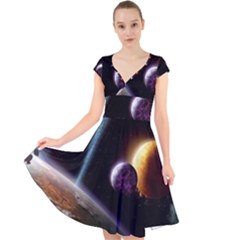 Planets In Space Cap Sleeve Front Wrap Midi Dress