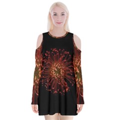 Red Flower Blooming In The Dark Velvet Long Sleeve Shoulder Cutout Dress by Sapixe