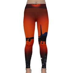 Red Sun Jet Flying Over The City Art Classic Yoga Leggings by Sapixe