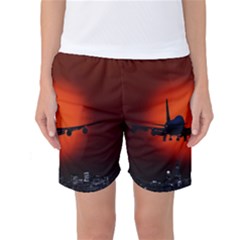 Red Sun Jet Flying Over The City Art Women s Basketball Shorts by Sapixe