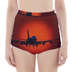 Red Sun Jet Flying Over The City Art High-waisted Bikini Bottoms