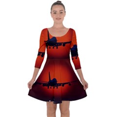 Red Sun Jet Flying Over The City Art Quarter Sleeve Skater Dress by Sapixe