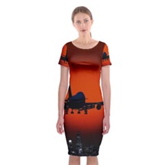 Red Sun Jet Flying Over The City Art Classic Short Sleeve Midi Dress by Sapixe