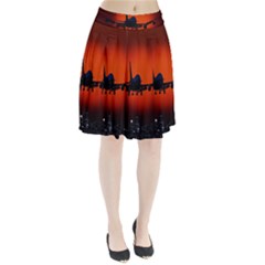 Red Sun Jet Flying Over The City Art Pleated Skirt by Sapixe