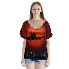 Red Sun Jet Flying Over The City Art V-neck Flutter Sleeve Top by Sapixe