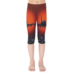 Red Sun Jet Flying Over The City Art Kids  Capri Leggings 