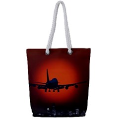 Red Sun Jet Flying Over The City Art Full Print Rope Handle Tote (small) by Sapixe