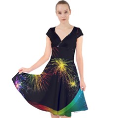 Rainbow Fireworks Celebration Colorful Abstract Cap Sleeve Front Wrap Midi Dress