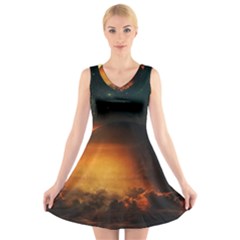 Saturn Rings Fantasy Art Digital V-neck Sleeveless Skater Dress by Sapixe