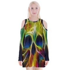 Skulls Multicolor Fractalius Colors Colorful Velvet Long Sleeve Shoulder Cutout Dress by Sapixe