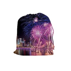 Singapore New Years Eve Holiday Fireworks City At Night Drawstring Pouches (large) 
