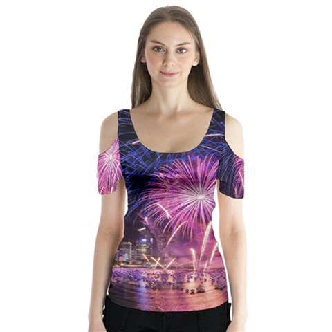 Singapore New Years Eve Holiday Fireworks City At Night Butterfly Sleeve Cutout Tee  by Sapixe