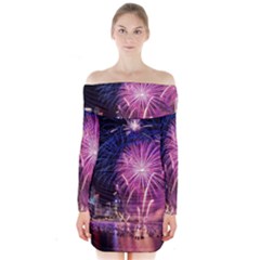 Singapore New Years Eve Holiday Fireworks City At Night Long Sleeve Off Shoulder Dress