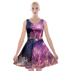 Singapore New Years Eve Holiday Fireworks City At Night Velvet Skater Dresses