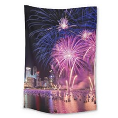 Singapore New Years Eve Holiday Fireworks City At Night Large Tapestry