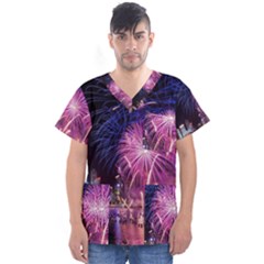 Singapore New Years Eve Holiday Fireworks City At Night Men s V-neck Scrub Top