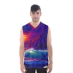 Sunset Orange Sky Dark Cloud Sea Waves Of The Sea, Rocky Mountains Art Men s Basketball Tank Top by Sapixe