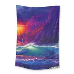 Sunset Orange Sky Dark Cloud Sea Waves Of The Sea, Rocky Mountains Art Small Tapestry by Sapixe