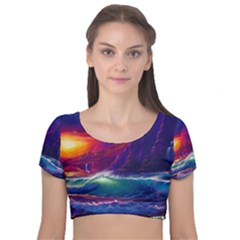 Sunset Orange Sky Dark Cloud Sea Waves Of The Sea, Rocky Mountains Art Velvet Short Sleeve Crop Top  by Sapixe