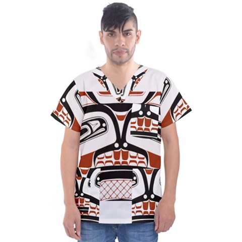 Traditional Northwest Coast Native Art Men s V-neck Scrub Top by Sapixe