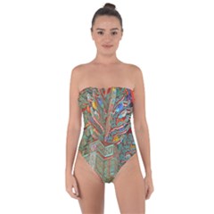 Traditional Korean Painted Paterns Tie Back One Piece Swimsuit by Sapixe