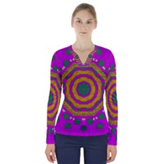 Peacock Flowers Ornate Decorative Happiness V-neck Long Sleeve Top by pepitasart