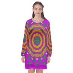 Peacock Flowers Ornate Decorative Happiness Long Sleeve Chiffon Shift Dress  by pepitasart