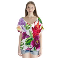 Vector Pattern Tropical V-neck Flutter Sleeve Top by Sapixe