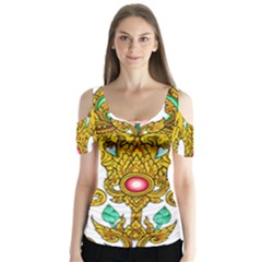 Traditional Thai Style Painting Butterfly Sleeve Cutout Tee 