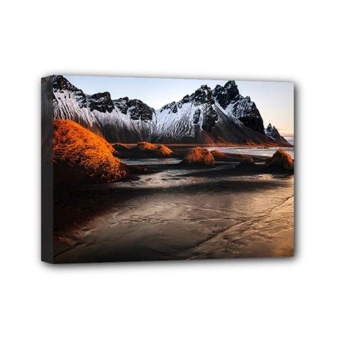 Vestrahorn Iceland Winter Sunrise Landscape Sea Coast Sandy Beach Sea Mountain Peaks With Snow Blue Mini Canvas 7  X 5  by Sapixe