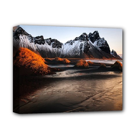 Vestrahorn Iceland Winter Sunrise Landscape Sea Coast Sandy Beach Sea Mountain Peaks With Snow Blue Deluxe Canvas 14  X 11  by Sapixe