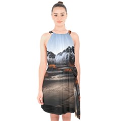 Vestrahorn Iceland Winter Sunrise Landscape Sea Coast Sandy Beach Sea Mountain Peaks With Snow Blue Halter Collar Waist Tie Chiffon Dress