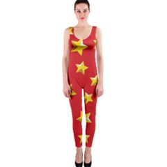 Yellow Stars Red Background Pattern One Piece Catsuit by Sapixe