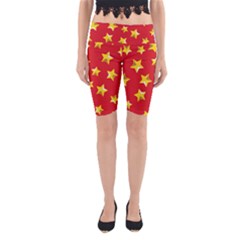 Yellow Stars Red Background Pattern Yoga Cropped Leggings