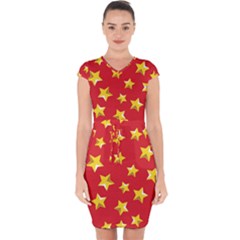 Yellow Stars Red Background Pattern Capsleeve Drawstring Dress 