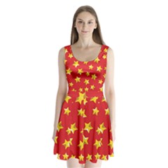 Yellow Stars Red Background Pattern Split Back Mini Dress  by Sapixe