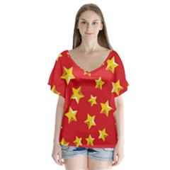 Yellow Stars Red Background Pattern V-neck Flutter Sleeve Top by Sapixe