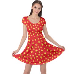 Yellow Stars Red Background Cap Sleeve Dress