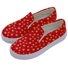 Yellow Stars Red Background Kids  Canvas Slip Ons by Sapixe