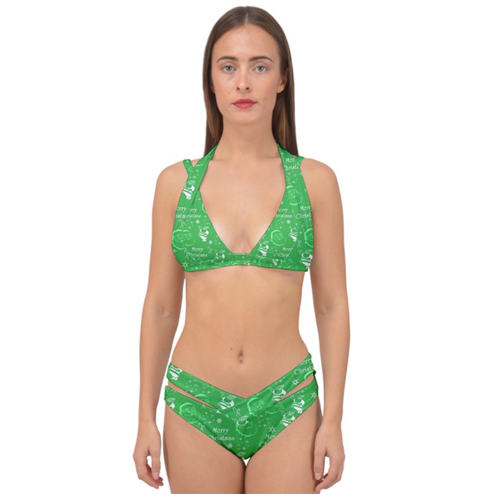 Santa Christmas Collage Green Background Double Strap Halter Bikini Set