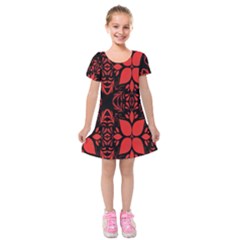 Christmas Red And Black Background Kids  Short Sleeve Velvet Dress