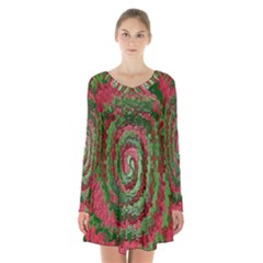 Red Green Swirl Twirl Colorful Long Sleeve Velvet V-neck Dress